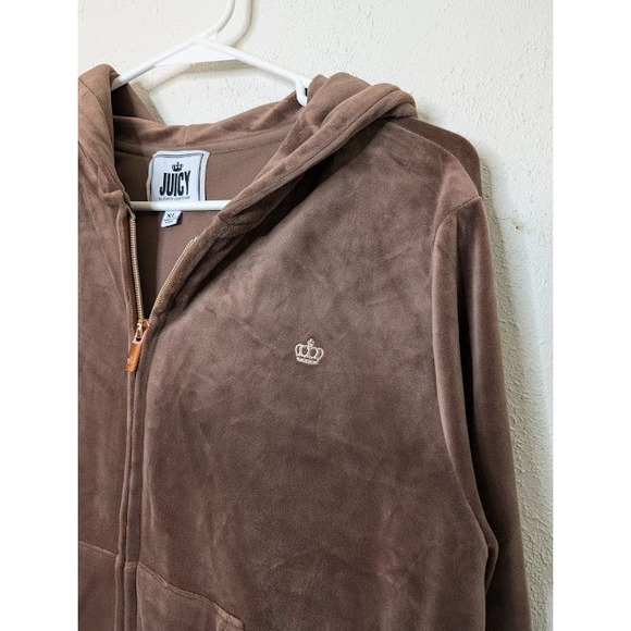 Juicy Couture Velour Zip Hoodie Jacket XL Brown Velvet Full Zip Y2K Preppy - Picture 2 of 5
